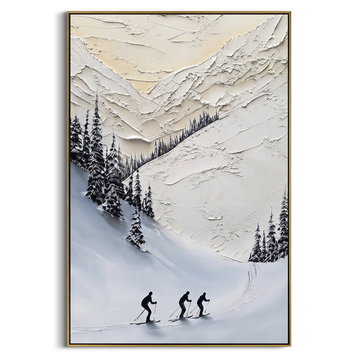 Carved Ski Tracks focuses on a forest-framed ski descent with clustered pines and winding carved tracks. The artwork shows a winter ski scene built from the actual image: visible downhill figures, curved snow tracks, raised ridgelines, and alpine space arranged in a tall composition. The white, beige, blue palette gives the piece a cold mountain atmosphere while the thick impasto surface creates shadows along each snowbank, ski line, and textured ridge. This is presented as hand-painted textured