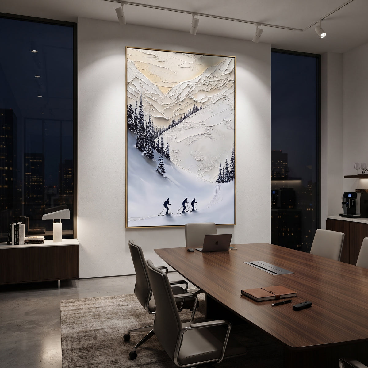 Carved Ski Tracks focuses on a forest-framed ski descent with clustered pines and winding carved tracks. The artwork shows a winter ski scene built from the actual image: visible downhill figures, curved snow tracks, raised ridgelines, and alpine space arranged in a tall composition. The white, beige, blue palette gives the piece a cold mountain atmosphere while the thick impasto surface creates shadows along each snowbank, ski line, and textured ridge. This is presented as hand-painted textured