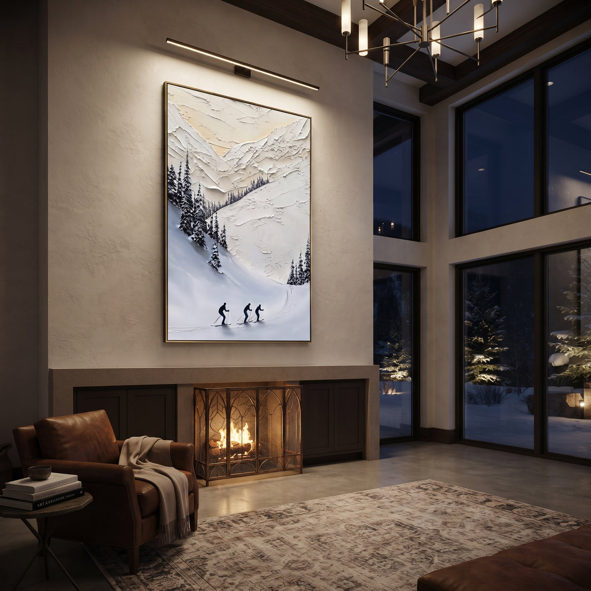 Carved Ski Tracks focuses on a forest-framed ski descent with clustered pines and winding carved tracks. The artwork shows a winter ski scene built from the actual image: visible downhill figures, curved snow tracks, raised ridgelines, and alpine space arranged in a tall composition. The white, beige, blue palette gives the piece a cold mountain atmosphere while the thick impasto surface creates shadows along each snowbank, ski line, and textured ridge. This is presented as hand-painted textured