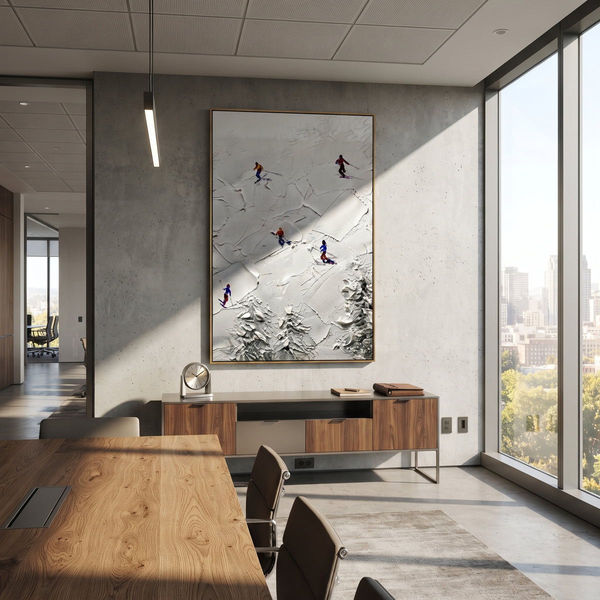 Silver Mountain Run With Blue Tracks focuses on a calm mountain basin with crisp tracks, snow shelves, and small skiers. The artwork shows a winter ski scene built from the actual image: visible downhill figures, curved snow tracks, raised ridgelines, and alpine space arranged in a tall composition. The blue, white, orange palette gives the piece a cold mountain atmosphere while the thick impasto surface creates shadows along each snowbank, ski line, and textured ridge. This is presented as