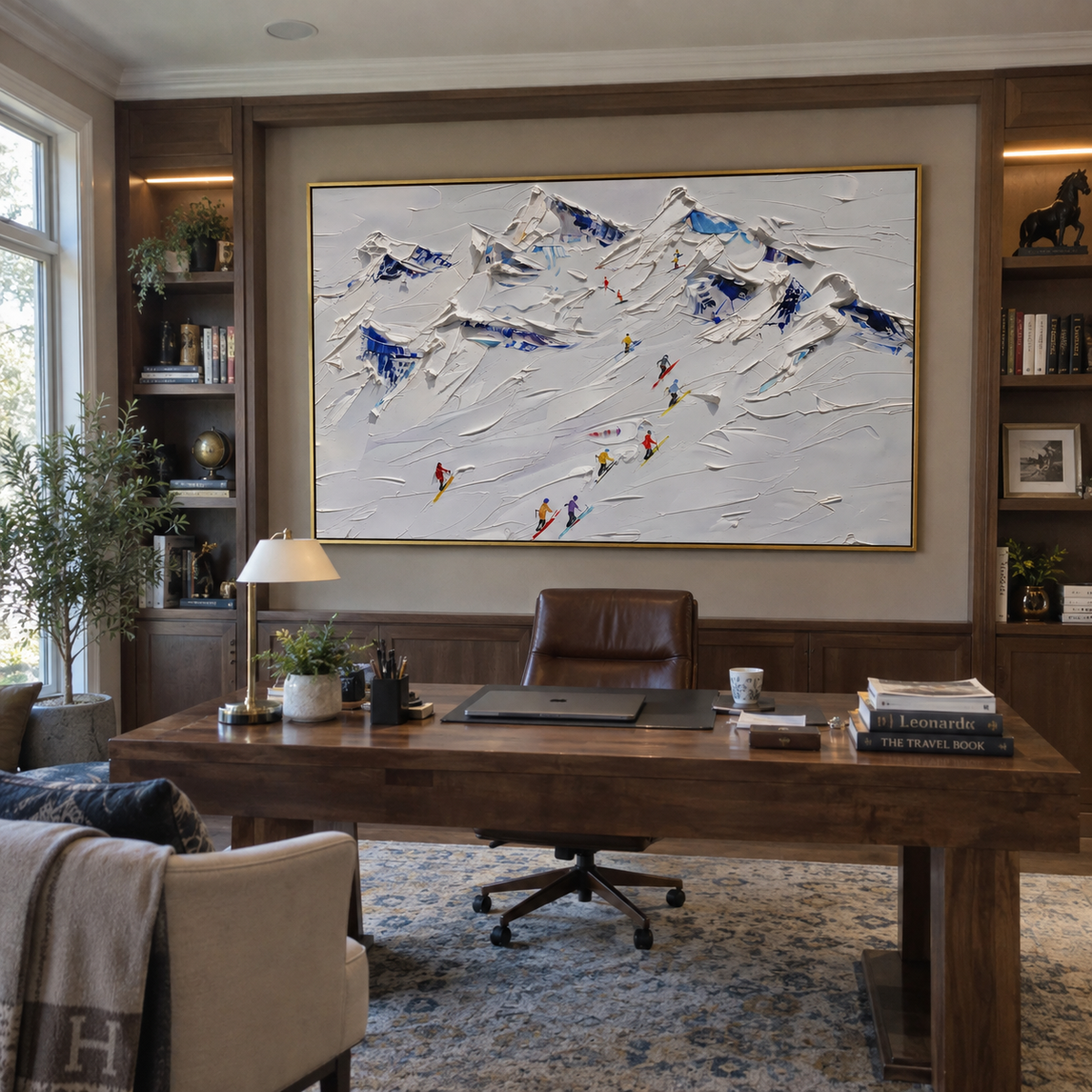 North Winter Slope focuses on colored skiers crossing raised white snow tracks between dark pine edges. The artwork shows a winter ski scene built from the actual image: visible downhill figures, curved snow tracks, raised ridgelines, and alpine space arranged in a wide composition. The white, blue, gray palette gives the piece a cold mountain atmosphere while the thick impasto surface creates shadows along each snowbank, ski line, and textured ridge. This is presented as hand-painted textured