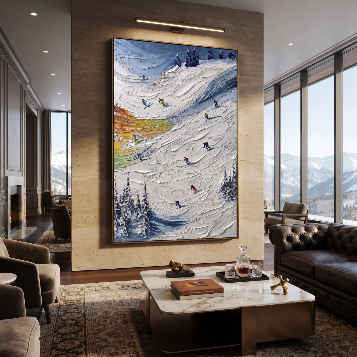 Cold Ski Run With Pine Shadows focuses on layered snow ridges, visible ski marks, and a quiet pine border. The artwork shows a winter ski scene built from the actual image: visible downhill figures, curved snow tracks, raised ridgelines, and alpine space arranged in a tall composition. The white, gray, blue palette gives the piece a cold mountain atmosphere while the thick impasto surface creates shadows along each snowbank, ski line, and textured ridge. This is presented as hand-painted