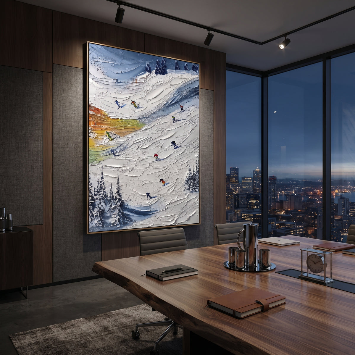Cold Ski Run With Pine Shadows focuses on layered snow ridges, visible ski marks, and a quiet pine border. The artwork shows a winter ski scene built from the actual image: visible downhill figures, curved snow tracks, raised ridgelines, and alpine space arranged in a tall composition. The white, gray, blue palette gives the piece a cold mountain atmosphere while the thick impasto surface creates shadows along each snowbank, ski line, and textured ridge. This is presented as hand-painted