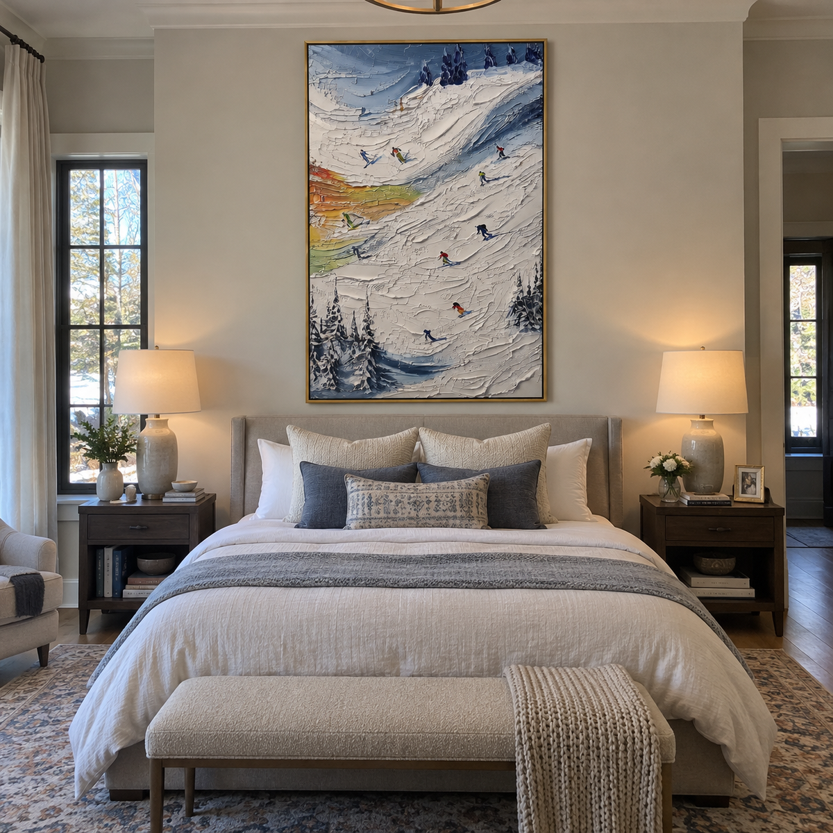 Cold Ski Run With Pine Shadows focuses on layered snow ridges, visible ski marks, and a quiet pine border. The artwork shows a winter ski scene built from the actual image: visible downhill figures, curved snow tracks, raised ridgelines, and alpine space arranged in a tall composition. The white, gray, blue palette gives the piece a cold mountain atmosphere while the thick impasto surface creates shadows along each snowbank, ski line, and textured ridge. This is presented as hand-painted