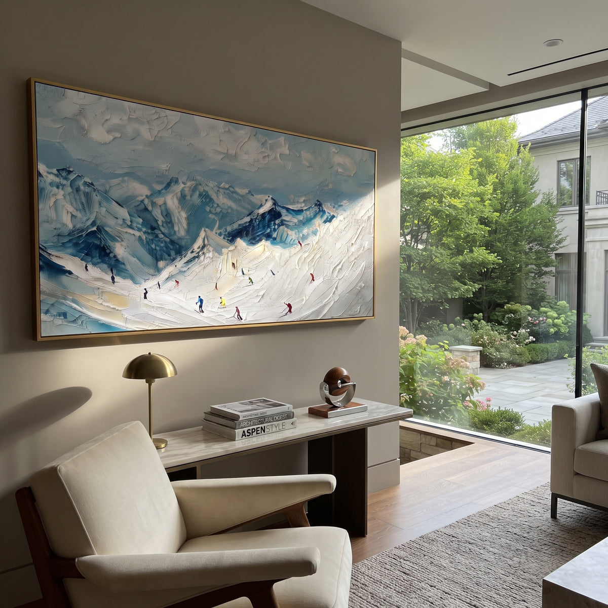 Crystal Powder Path With Pine Shadows focuses on a forest-framed ski descent with clustered pines and winding carved tracks. The artwork shows a winter ski scene built from the actual image: visible downhill figures, curved snow tracks, raised ridgelines, and alpine space arranged in a wide composition. The white, green, blue palette gives the piece a cold mountain atmosphere while the thick impasto surface creates shadows along each snowbank, ski line, and textured ridge. This is presented as
