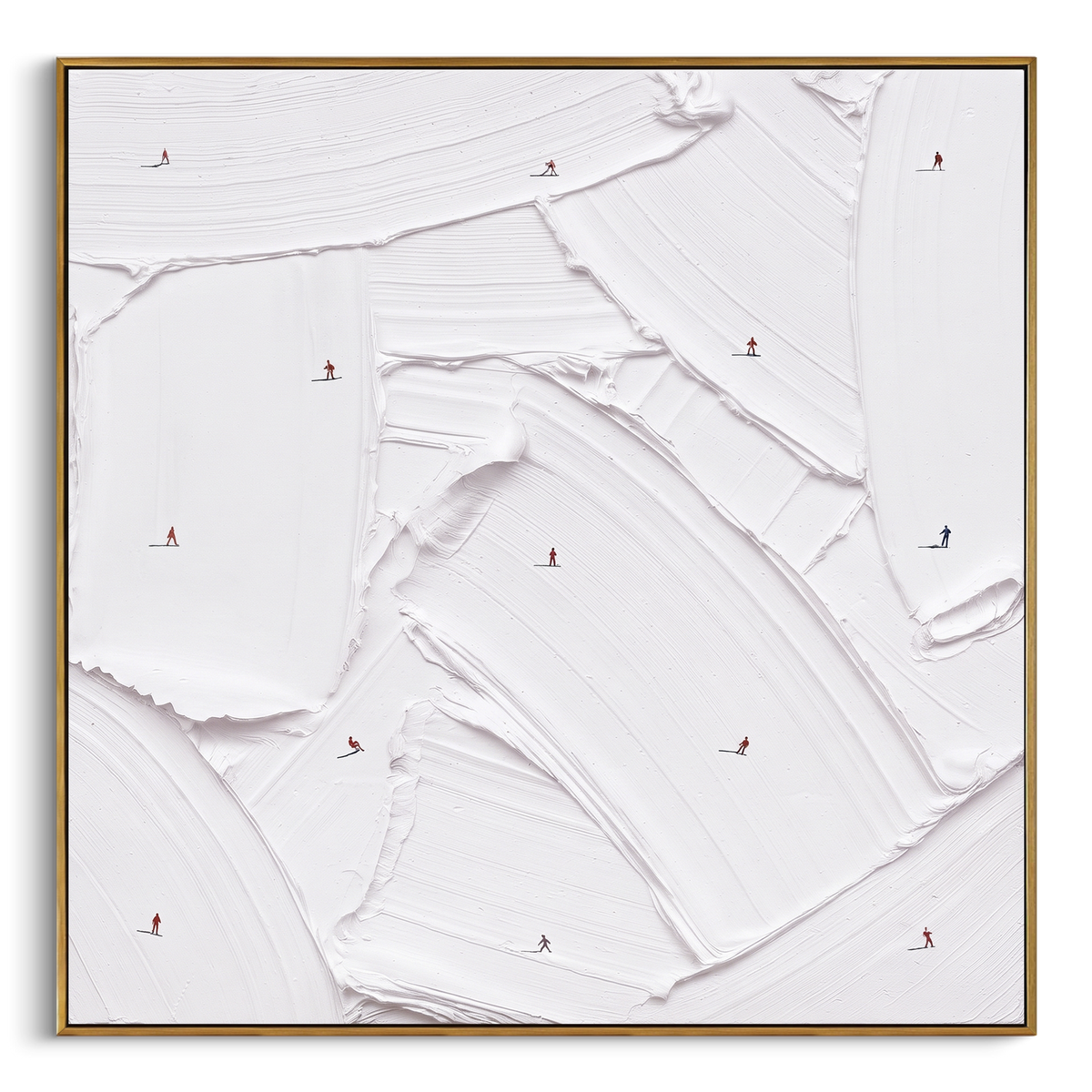 Birch Ski Valley With Pine Shadows focuses on a calm mountain basin with crisp tracks, snow shelves, and small skiers. The artwork shows a winter ski scene built from the actual image: visible downhill figures, curved snow tracks, raised ridgelines, and alpine space arranged in a balanced composition. The white, black, gray palette gives the piece a cold mountain atmosphere while the thick impasto surface creates shadows along each snowbank, ski line, and textured ridge. This is presented as