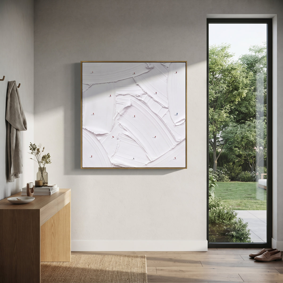 Birch Ski Valley With Pine Shadows focuses on a calm mountain basin with crisp tracks, snow shelves, and small skiers. The artwork shows a winter ski scene built from the actual image: visible downhill figures, curved snow tracks, raised ridgelines, and alpine space arranged in a balanced composition. The white, black, gray palette gives the piece a cold mountain atmosphere while the thick impasto surface creates shadows along each snowbank, ski line, and textured ridge. This is presented as