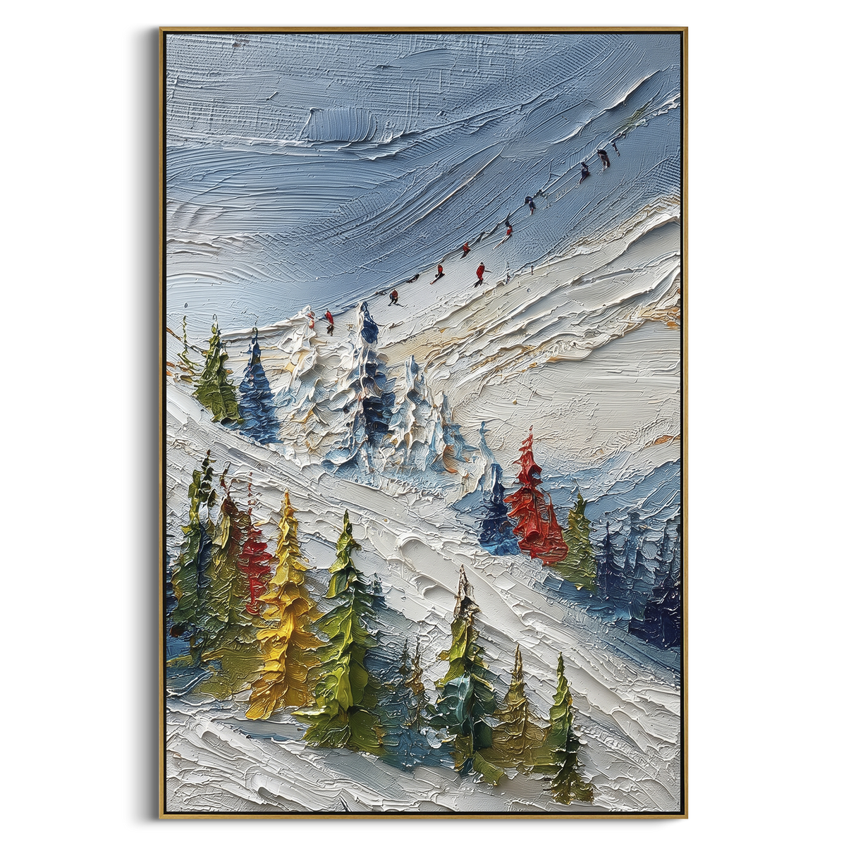Highland Pine Slope With Pine Shadows focuses on layered snow ridges, visible ski marks, and a quiet pine border. The artwork shows a winter ski scene built from the actual image: visible downhill figures, curved snow tracks, raised ridgelines, and alpine space arranged in a tall composition. The blue, white, orange palette gives the piece a cold mountain atmosphere while the thick impasto surface creates shadows along each snowbank, ski line, and textured ridge. This is presented as