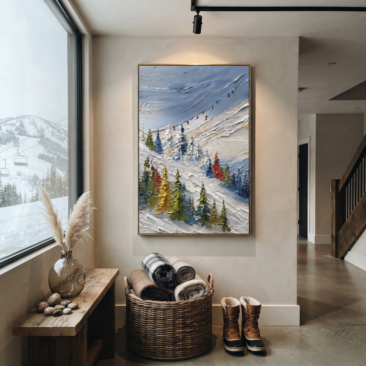Highland Pine Slope With Pine Shadows focuses on layered snow ridges, visible ski marks, and a quiet pine border. The artwork shows a winter ski scene built from the actual image: visible downhill figures, curved snow tracks, raised ridgelines, and alpine space arranged in a tall composition. The blue, white, orange palette gives the piece a cold mountain atmosphere while the thick impasto surface creates shadows along each snowbank, ski line, and textured ridge. This is presented as