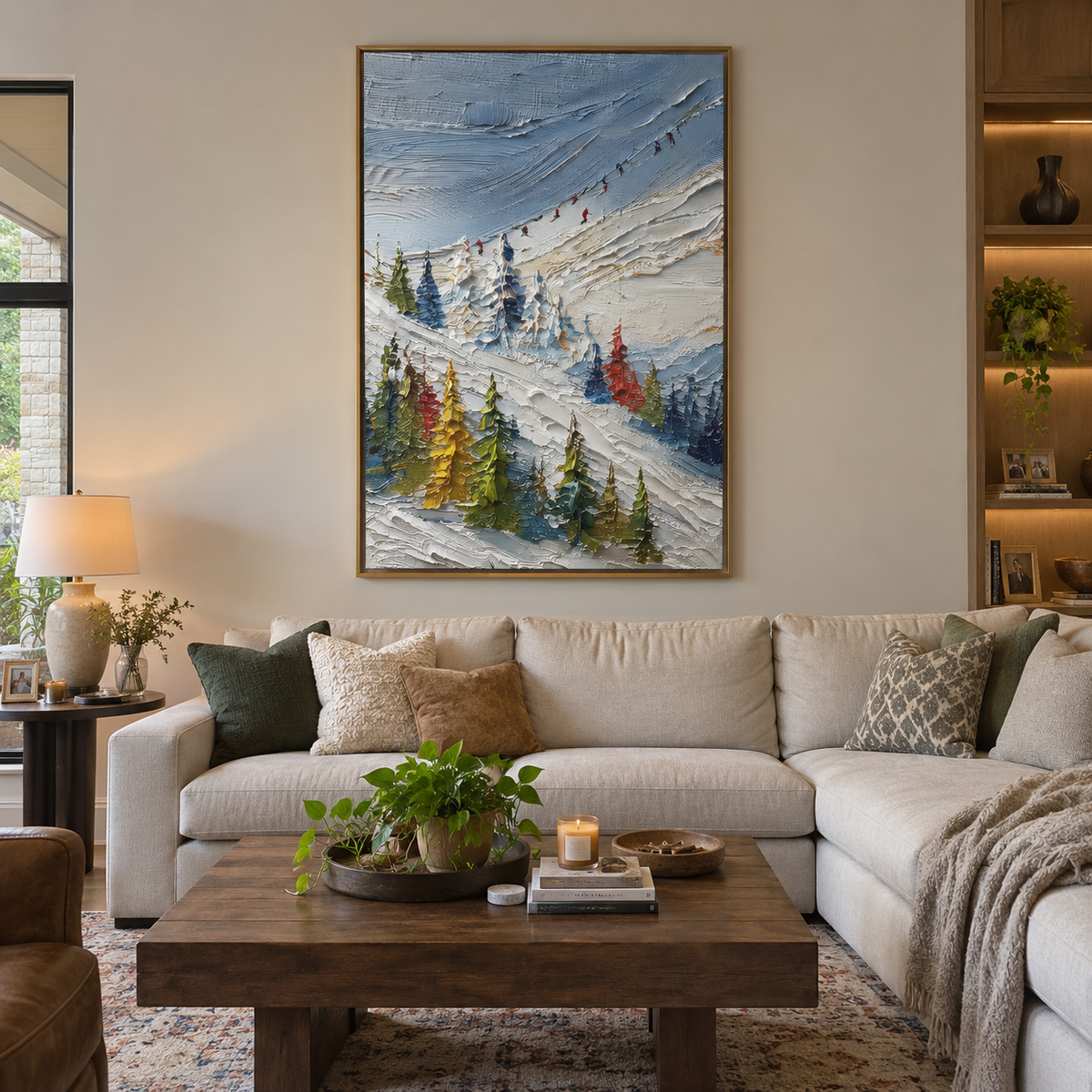 Highland Pine Slope With Pine Shadows focuses on layered snow ridges, visible ski marks, and a quiet pine border. The artwork shows a winter ski scene built from the actual image: visible downhill figures, curved snow tracks, raised ridgelines, and alpine space arranged in a tall composition. The blue, white, orange palette gives the piece a cold mountain atmosphere while the thick impasto surface creates shadows along each snowbank, ski line, and textured ridge. This is presented as