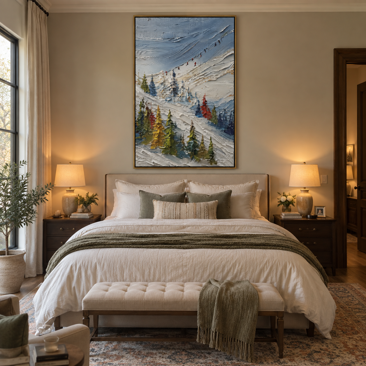 Highland Pine Slope With Pine Shadows focuses on layered snow ridges, visible ski marks, and a quiet pine border. The artwork shows a winter ski scene built from the actual image: visible downhill figures, curved snow tracks, raised ridgelines, and alpine space arranged in a tall composition. The blue, white, orange palette gives the piece a cold mountain atmosphere while the thick impasto surface creates shadows along each snowbank, ski line, and textured ridge. This is presented as