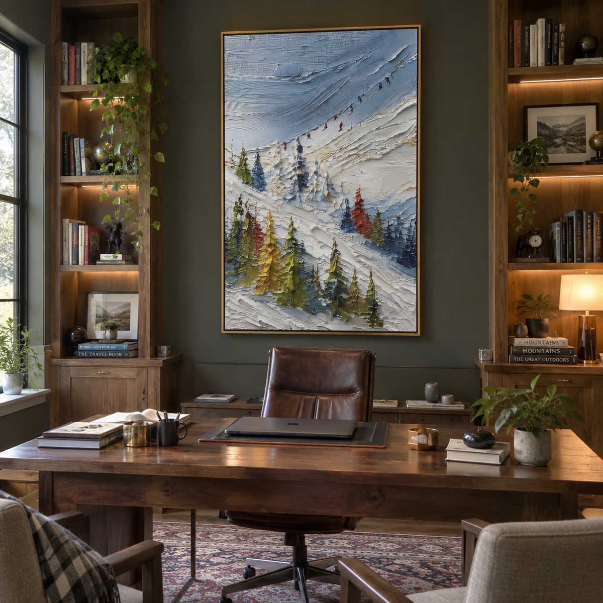Highland Pine Slope With Pine Shadows focuses on layered snow ridges, visible ski marks, and a quiet pine border. The artwork shows a winter ski scene built from the actual image: visible downhill figures, curved snow tracks, raised ridgelines, and alpine space arranged in a tall composition. The blue, white, orange palette gives the piece a cold mountain atmosphere while the thick impasto surface creates shadows along each snowbank, ski line, and textured ridge. This is presented as