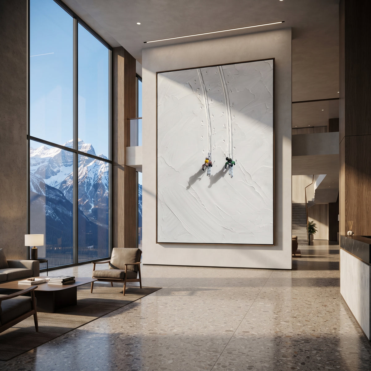 Misty Alpine Descent focuses on a forest-framed ski descent with clustered pines and winding carved tracks. The artwork shows a winter ski scene built from the actual image: visible downhill figures, curved snow tracks, raised ridgelines, and alpine space arranged in a tall composition. The white, blue, gray palette gives the piece a cold mountain atmosphere while the thick impasto surface creates shadows along each snowbank, ski line, and textured ridge. This is presented as hand-painted