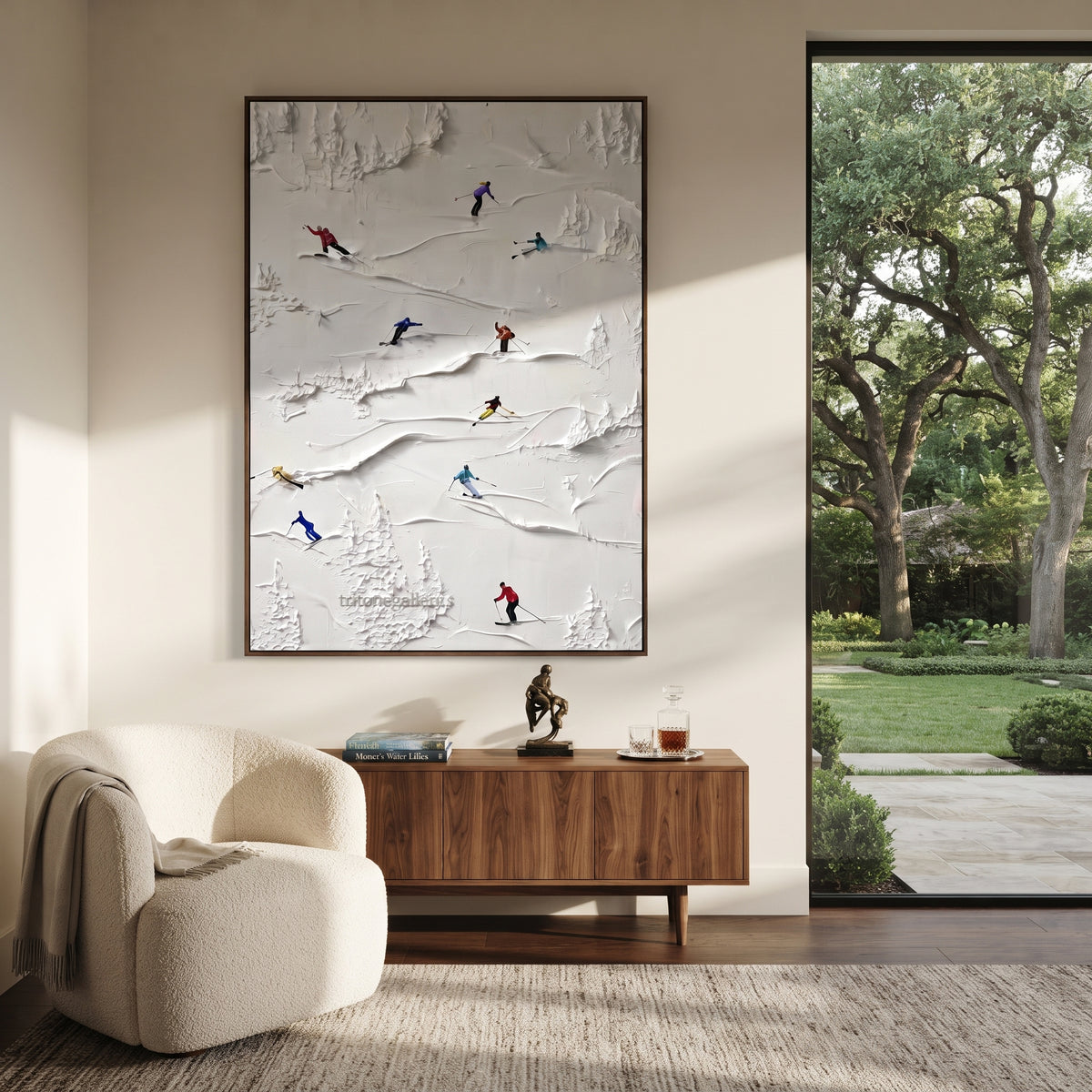 Crisp Snow Corridors focuses on a busy resort slope with many tiny figures following separate downhill lines. The artwork shows a winter ski scene built from the actual image: visible downhill figures, curved snow tracks, raised ridgelines, and alpine space arranged in a tall composition. The white, blue, gray palette gives the piece a cold mountain atmosphere while the thick impasto surface creates shadows along each snowbank, ski line, and textured ridge. This is presented as hand-painted