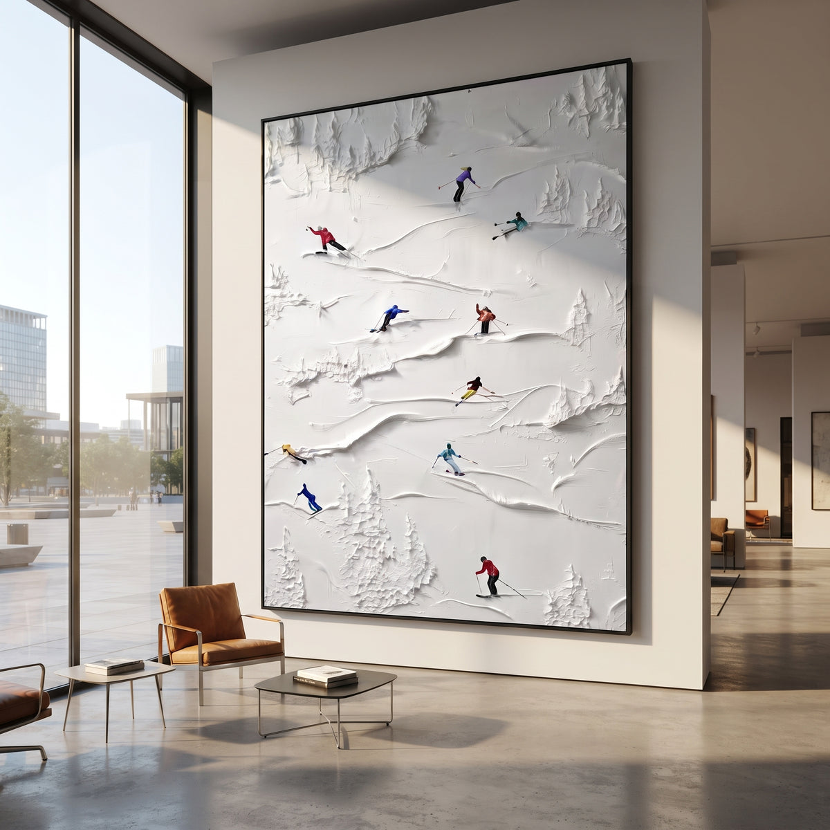 Crisp Snow Corridors focuses on a busy resort slope with many tiny figures following separate downhill lines. The artwork shows a winter ski scene built from the actual image: visible downhill figures, curved snow tracks, raised ridgelines, and alpine space arranged in a tall composition. The white, blue, gray palette gives the piece a cold mountain atmosphere while the thick impasto surface creates shadows along each snowbank, ski line, and textured ridge. This is presented as hand-painted