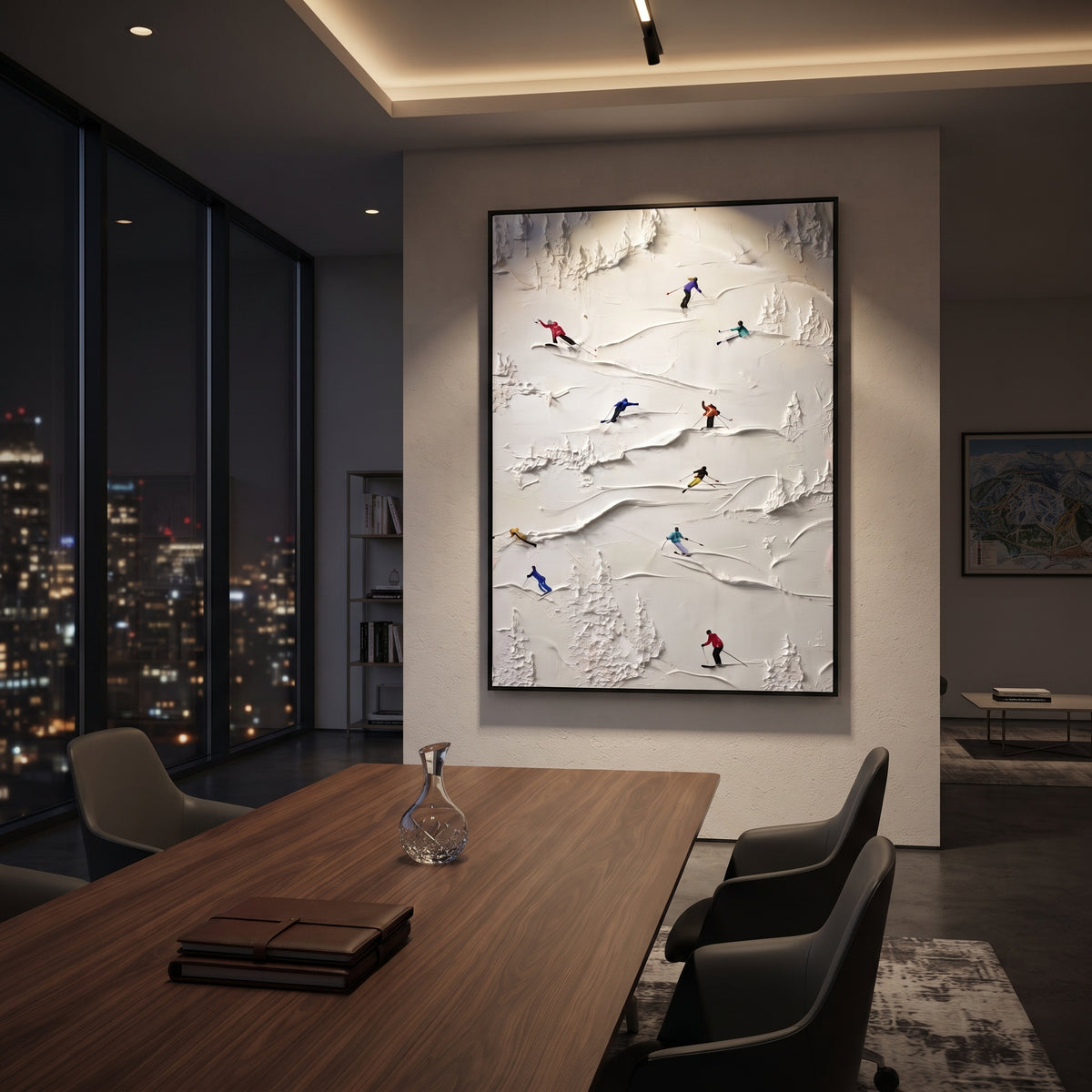 Crisp Snow Corridors focuses on a busy resort slope with many tiny figures following separate downhill lines. The artwork shows a winter ski scene built from the actual image: visible downhill figures, curved snow tracks, raised ridgelines, and alpine space arranged in a tall composition. The white, blue, gray palette gives the piece a cold mountain atmosphere while the thick impasto surface creates shadows along each snowbank, ski line, and textured ridge. This is presented as hand-painted