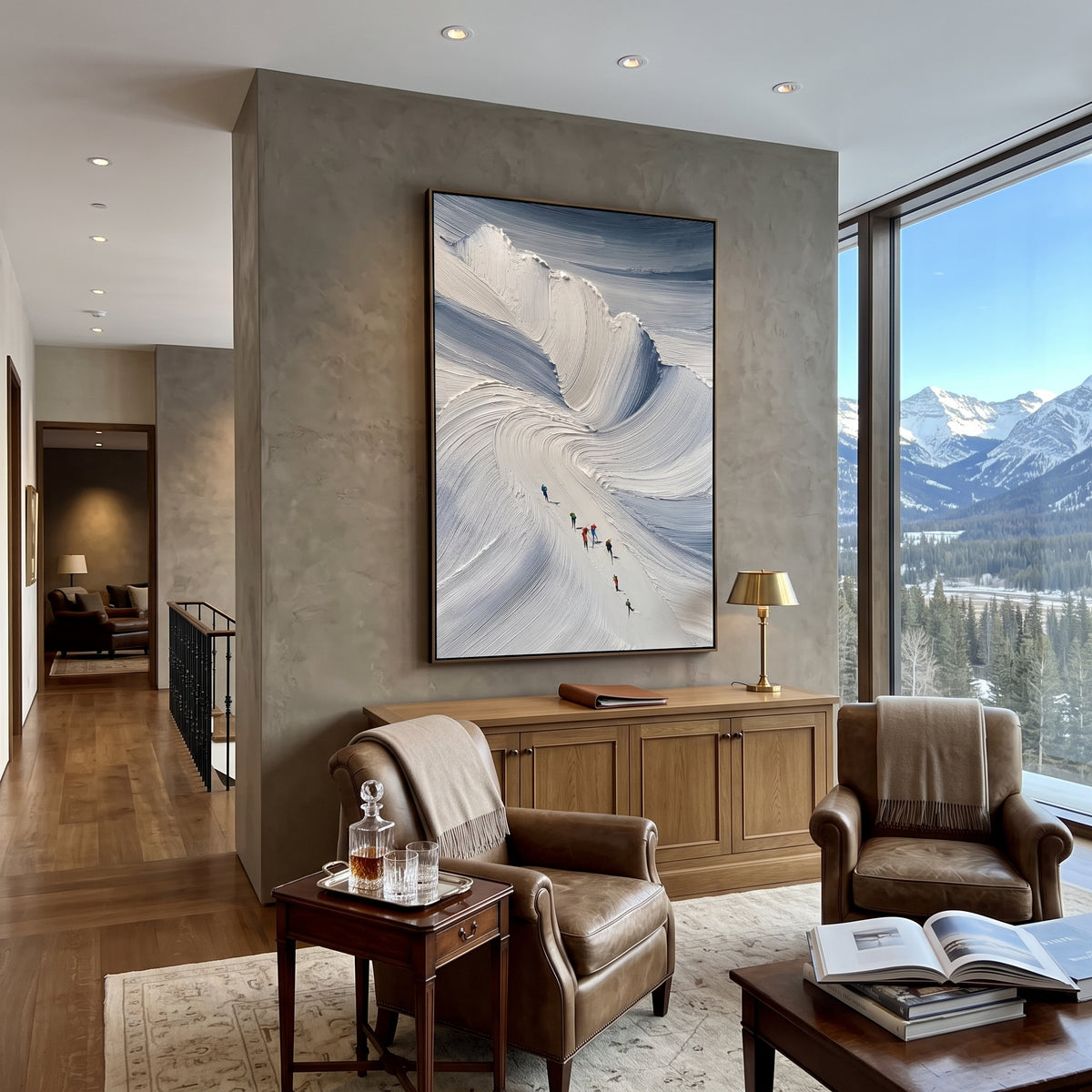 Blue Bowl Ski Descent focuses on small skiers moving below a deep blue bowl of thick sweeping snow texture. The artwork shows a winter ski scene built from the actual image: visible downhill figures, curved snow tracks, raised ridgelines, and alpine space arranged in a tall composition. The blue, white, gray palette gives the piece a cold mountain atmosphere while the thick impasto surface creates shadows along each snowbank, ski line, and textured ridge. This is presented as hand-painted
