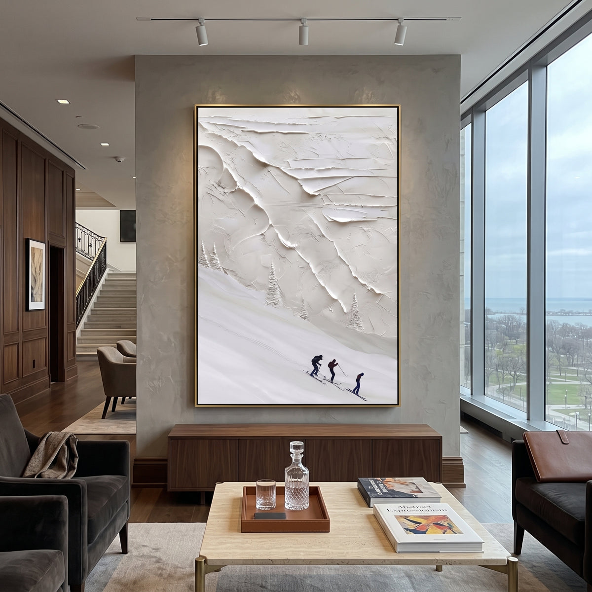 Peak Snow Basin With Pine Shadows focuses on layered snow ridges, visible ski marks, and a quiet pine border. The artwork shows a winter ski scene built from the actual image: visible downhill figures, curved snow tracks, raised ridgelines, and alpine space arranged in a tall composition. The white, black, gray palette gives the piece a cold mountain atmosphere while the thick impasto surface creates shadows along each snowbank, ski line, and textured ridge. This is presented as hand-painted
