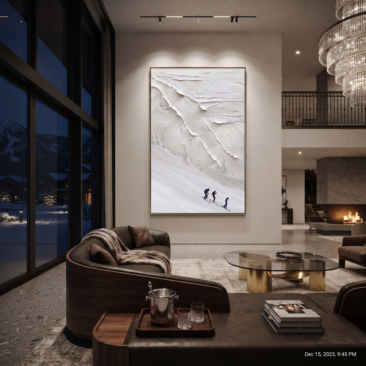 Peak Snow Basin With Pine Shadows focuses on layered snow ridges, visible ski marks, and a quiet pine border. The artwork shows a winter ski scene built from the actual image: visible downhill figures, curved snow tracks, raised ridgelines, and alpine space arranged in a tall composition. The white, black, gray palette gives the piece a cold mountain atmosphere while the thick impasto surface creates shadows along each snowbank, ski line, and textured ridge. This is presented as hand-painted