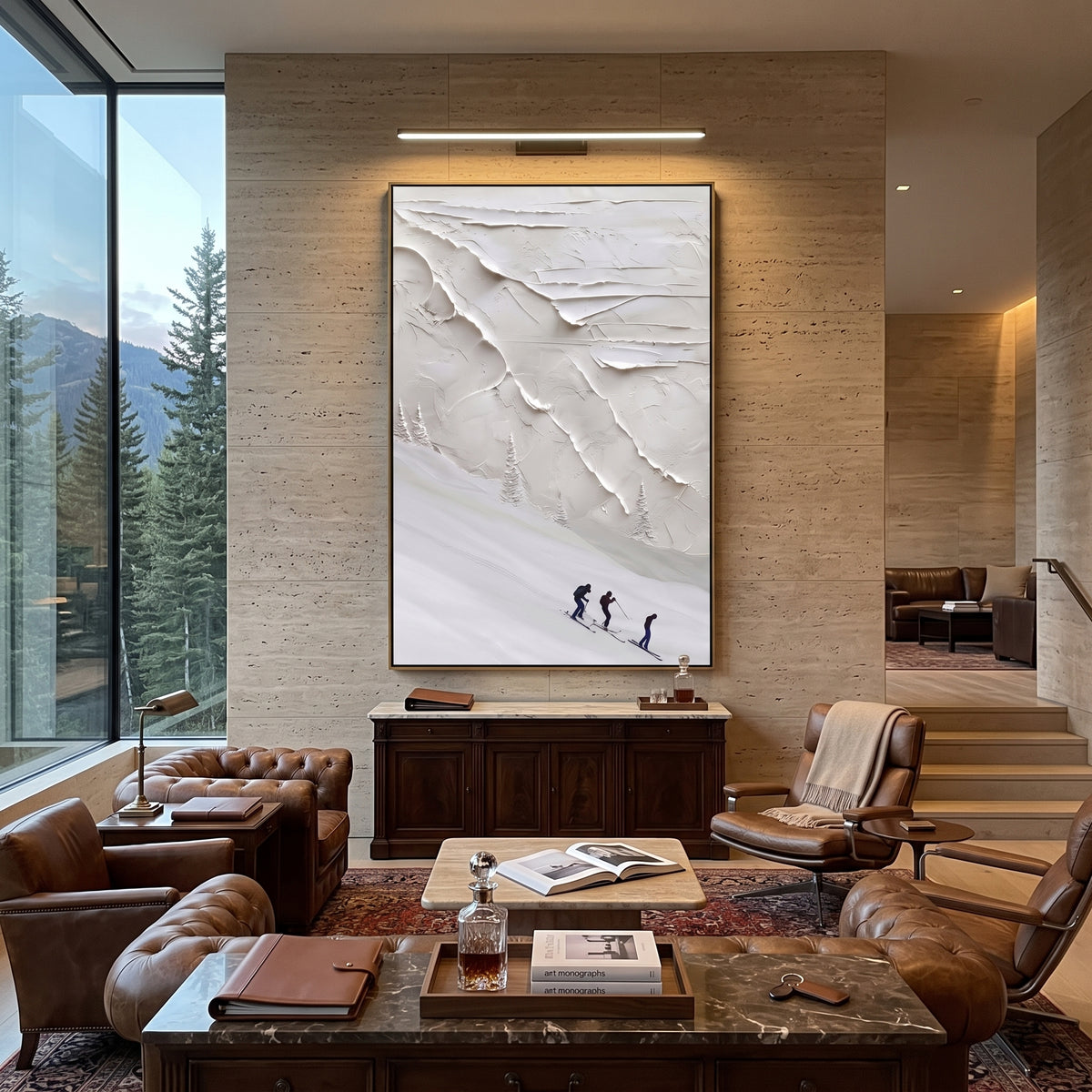Peak Snow Basin With Pine Shadows focuses on layered snow ridges, visible ski marks, and a quiet pine border. The artwork shows a winter ski scene built from the actual image: visible downhill figures, curved snow tracks, raised ridgelines, and alpine space arranged in a tall composition. The white, black, gray palette gives the piece a cold mountain atmosphere while the thick impasto surface creates shadows along each snowbank, ski line, and textured ridge. This is presented as hand-painted