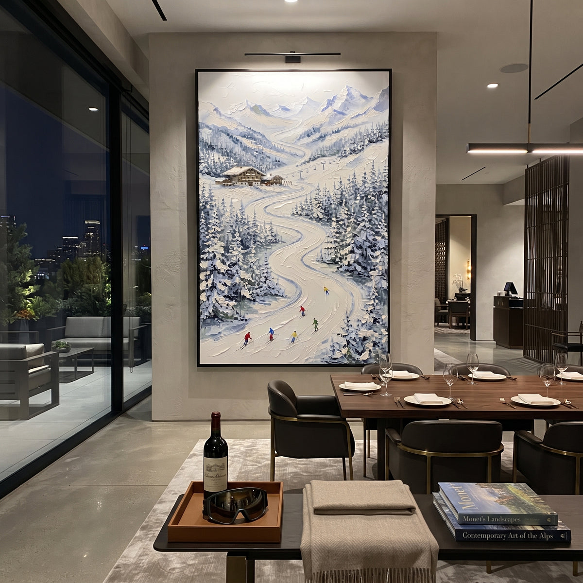 Snow Road Chalet Valley focuses on a winding snow road through a chalet valley with distant peaks and tiny skiers. The artwork shows a winter ski scene built from the actual image: visible downhill figures, curved snow tracks, raised ridgelines, and alpine space arranged in a tall composition. The blue, white, beige palette gives the piece a cold mountain atmosphere while the thick impasto surface creates shadows along each snowbank, ski line, and textured ridge. This is presented as