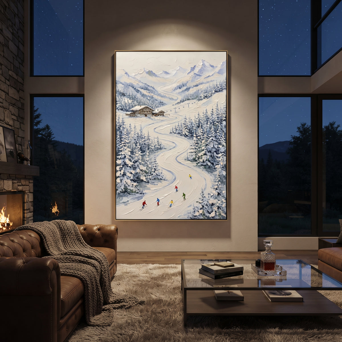 Snow Road Chalet Valley focuses on a winding snow road through a chalet valley with distant peaks and tiny skiers. The artwork shows a winter ski scene built from the actual image: visible downhill figures, curved snow tracks, raised ridgelines, and alpine space arranged in a tall composition. The blue, white, beige palette gives the piece a cold mountain atmosphere while the thick impasto surface creates shadows along each snowbank, ski line, and textured ridge. This is presented as
