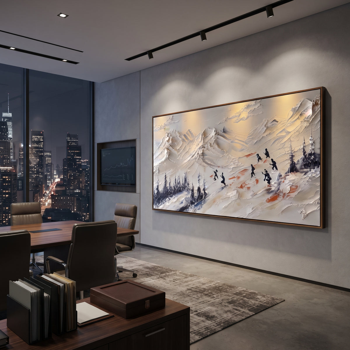 Golden Peak Skiers focuses on small skiers crossing orange and white mountain peaks under a warm sky. The artwork shows a winter ski scene built from the actual image: visible downhill figures, curved snow tracks, raised ridgelines, and alpine space arranged in a wide composition. The orange, white, blue palette gives the piece a cold mountain atmosphere while the thick impasto surface creates shadows along each snowbank, ski line, and textured ridge. This is presented as hand-painted textured