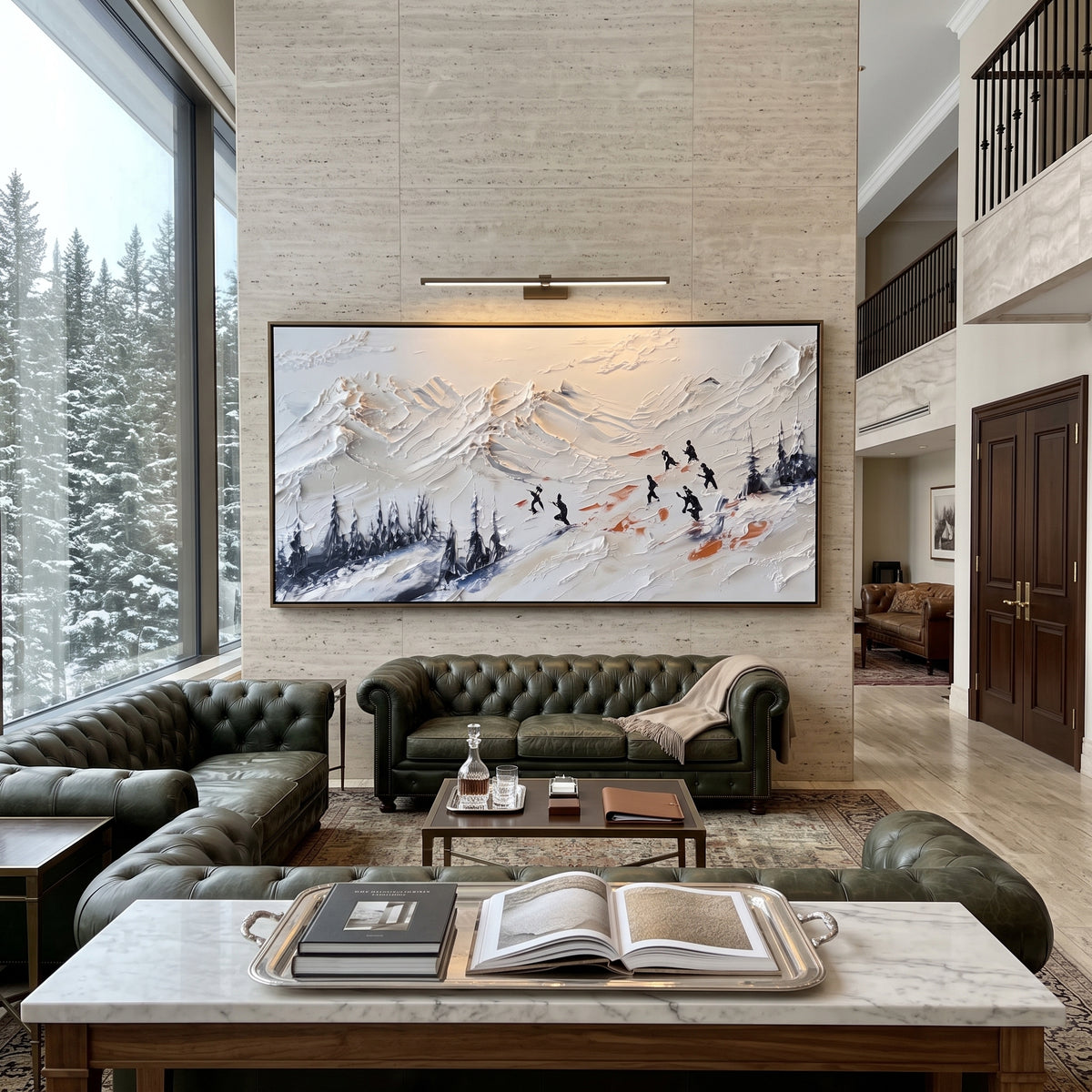 Golden Peak Skiers focuses on small skiers crossing orange and white mountain peaks under a warm sky. The artwork shows a winter ski scene built from the actual image: visible downhill figures, curved snow tracks, raised ridgelines, and alpine space arranged in a wide composition. The orange, white, blue palette gives the piece a cold mountain atmosphere while the thick impasto surface creates shadows along each snowbank, ski line, and textured ridge. This is presented as hand-painted textured