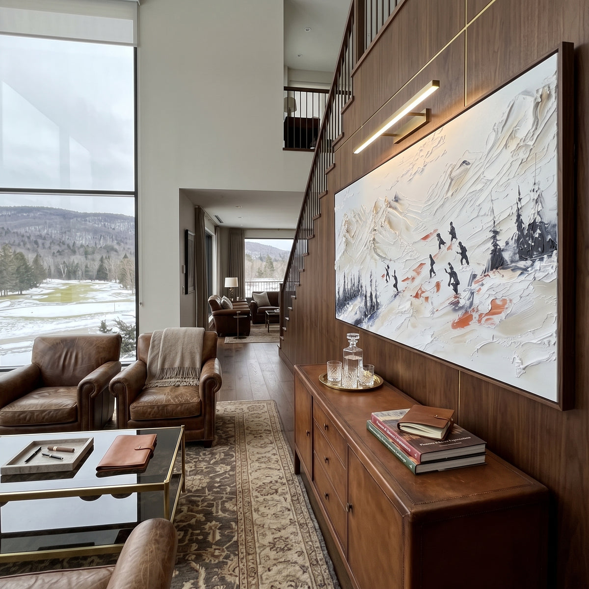 Golden Peak Skiers focuses on small skiers crossing orange and white mountain peaks under a warm sky. The artwork shows a winter ski scene built from the actual image: visible downhill figures, curved snow tracks, raised ridgelines, and alpine space arranged in a wide composition. The orange, white, blue palette gives the piece a cold mountain atmosphere while the thick impasto surface creates shadows along each snowbank, ski line, and textured ridge. This is presented as hand-painted textured