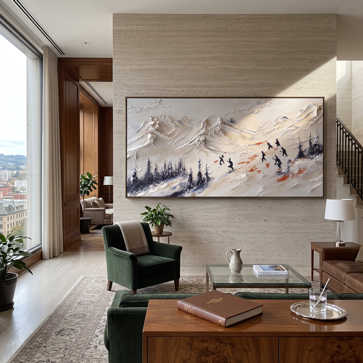 Golden Peak Skiers focuses on small skiers crossing orange and white mountain peaks under a warm sky. The artwork shows a winter ski scene built from the actual image: visible downhill figures, curved snow tracks, raised ridgelines, and alpine space arranged in a wide composition. The orange, white, blue palette gives the piece a cold mountain atmosphere while the thick impasto surface creates shadows along each snowbank, ski line, and textured ridge. This is presented as hand-painted textured