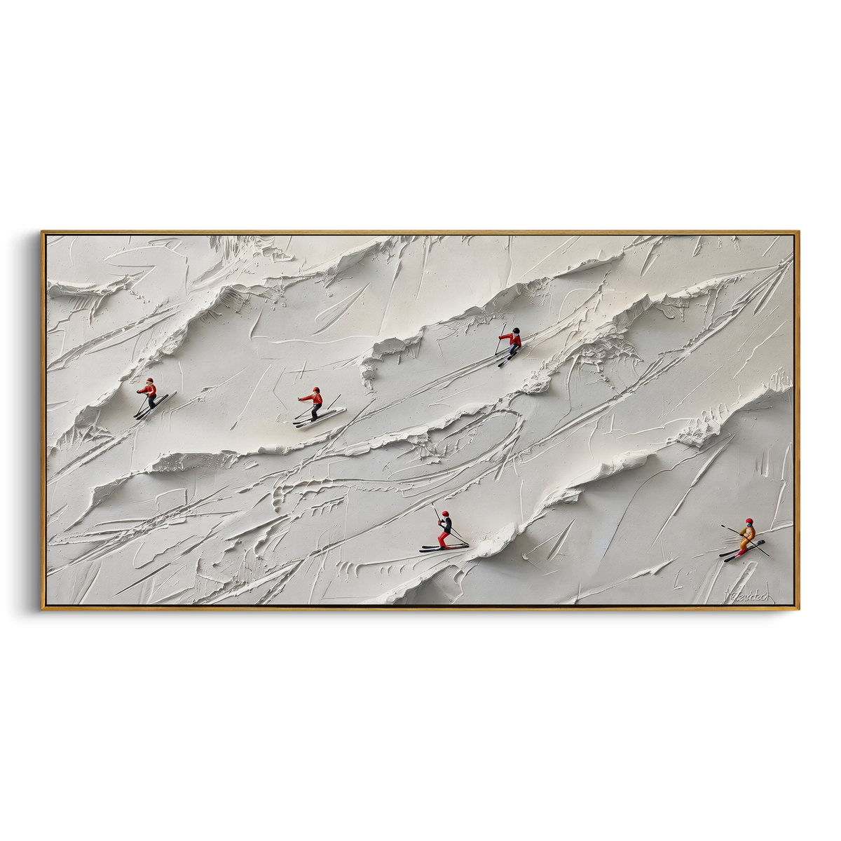 Fresh Ski Traverse With Pine Shadows focuses on layered snow ridges, visible ski marks, and a quiet pine border. The artwork shows a winter ski scene built from the actual image: visible downhill figures, curved snow tracks, raised ridgelines, and alpine space arranged in a wide composition. The white, gray, blue palette gives the piece a cold mountain atmosphere while the thick impasto surface creates shadows along each snowbank, ski line, and textured ridge. This is presented as hand-painted