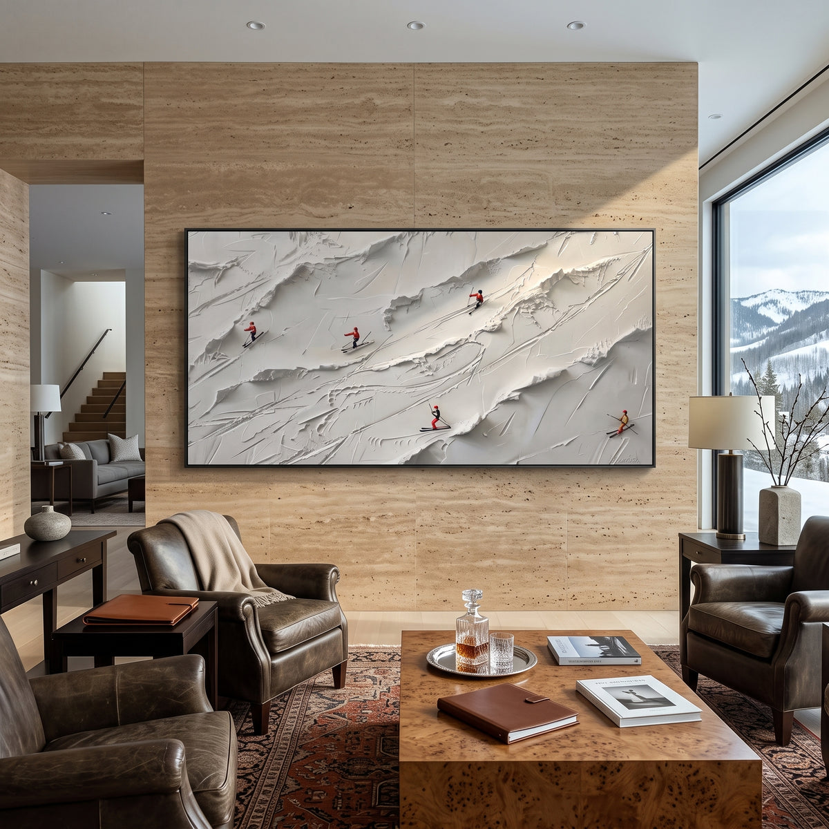 Fresh Ski Traverse With Pine Shadows focuses on layered snow ridges, visible ski marks, and a quiet pine border. The artwork shows a winter ski scene built from the actual image: visible downhill figures, curved snow tracks, raised ridgelines, and alpine space arranged in a wide composition. The white, gray, blue palette gives the piece a cold mountain atmosphere while the thick impasto surface creates shadows along each snowbank, ski line, and textured ridge. This is presented as hand-painted