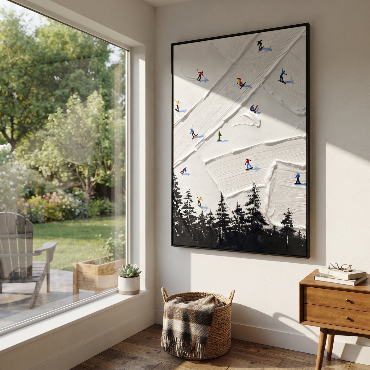 Ice Ski Tracks focuses on a forest-framed ski descent with clustered pines and winding carved tracks. The artwork shows a winter ski scene built from the actual image: visible downhill figures, curved snow tracks, raised ridgelines, and alpine space arranged in a tall composition. The white, green, blue palette gives the piece a cold mountain atmosphere while the thick impasto surface creates shadows along each snowbank, ski line, and textured ridge. This is presented as hand-painted textured