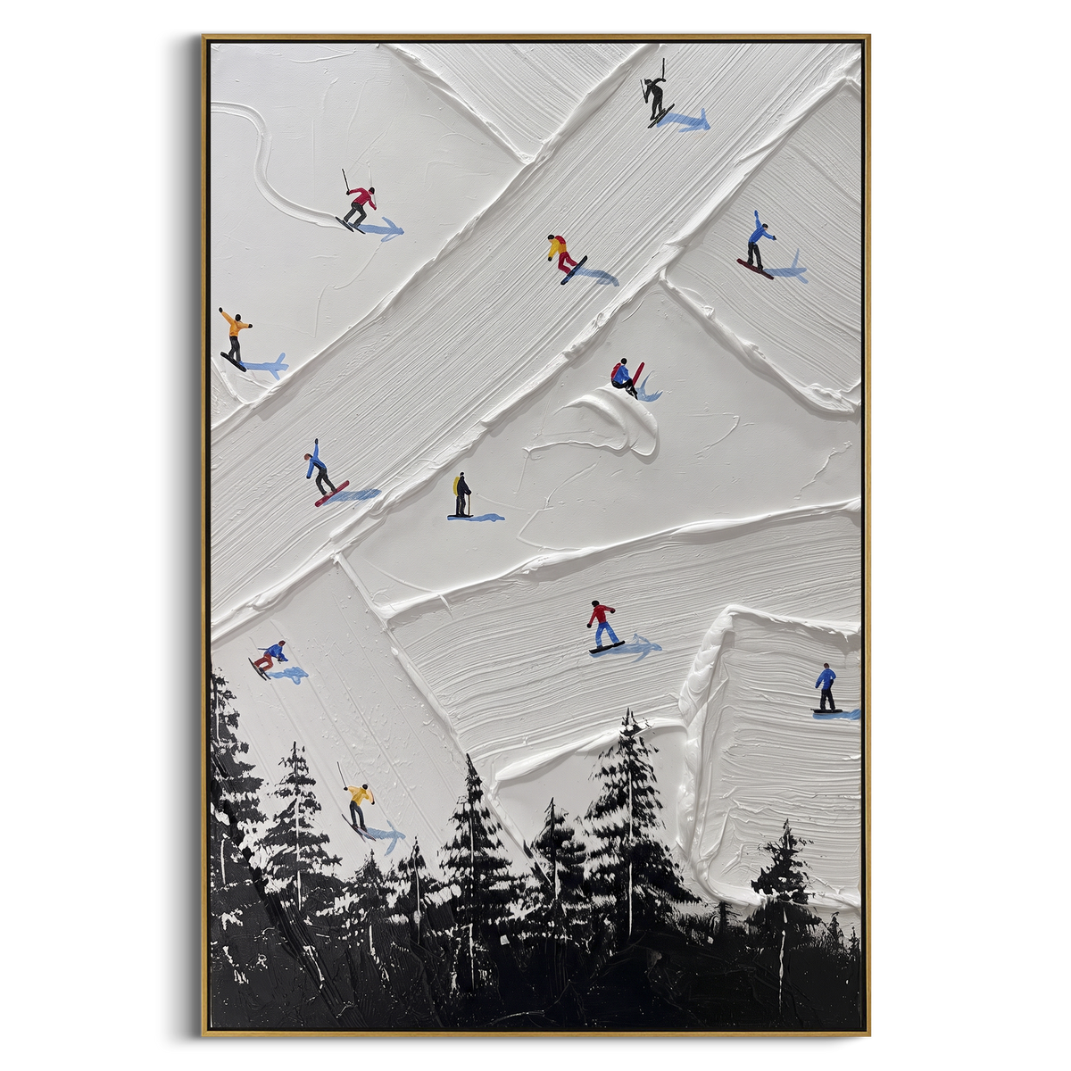 Ice Ski Tracks focuses on a forest-framed ski descent with clustered pines and winding carved tracks. The artwork shows a winter ski scene built from the actual image: visible downhill figures, curved snow tracks, raised ridgelines, and alpine space arranged in a tall composition. The white, green, blue palette gives the piece a cold mountain atmosphere while the thick impasto surface creates shadows along each snowbank, ski line, and textured ridge. This is presented as hand-painted textured