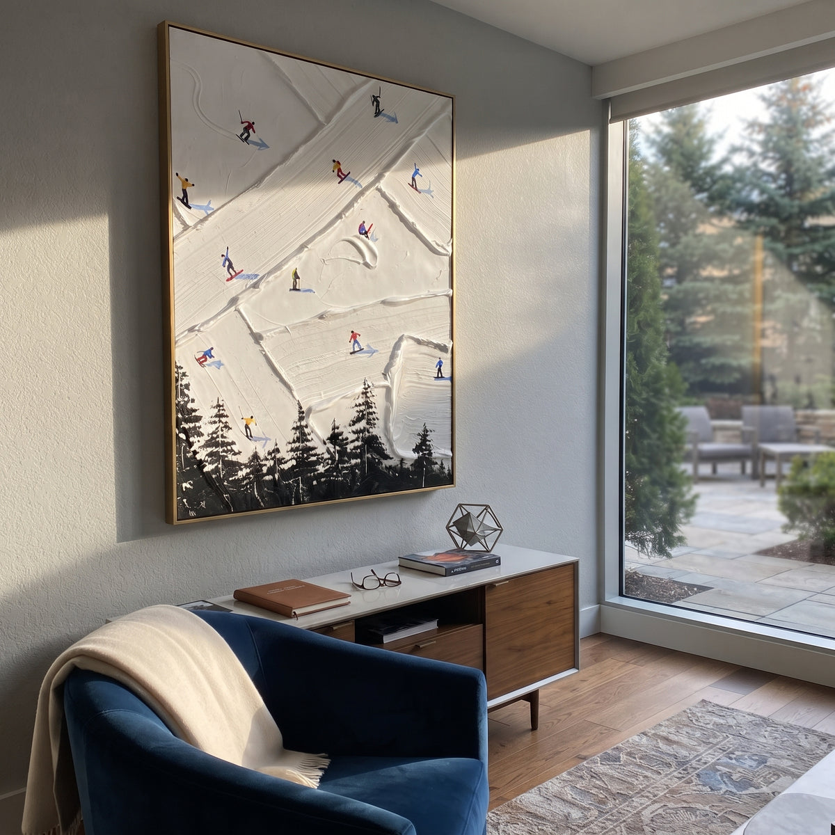 Ice Ski Tracks focuses on a forest-framed ski descent with clustered pines and winding carved tracks. The artwork shows a winter ski scene built from the actual image: visible downhill figures, curved snow tracks, raised ridgelines, and alpine space arranged in a tall composition. The white, green, blue palette gives the piece a cold mountain atmosphere while the thick impasto surface creates shadows along each snowbank, ski line, and textured ridge. This is presented as hand-painted textured