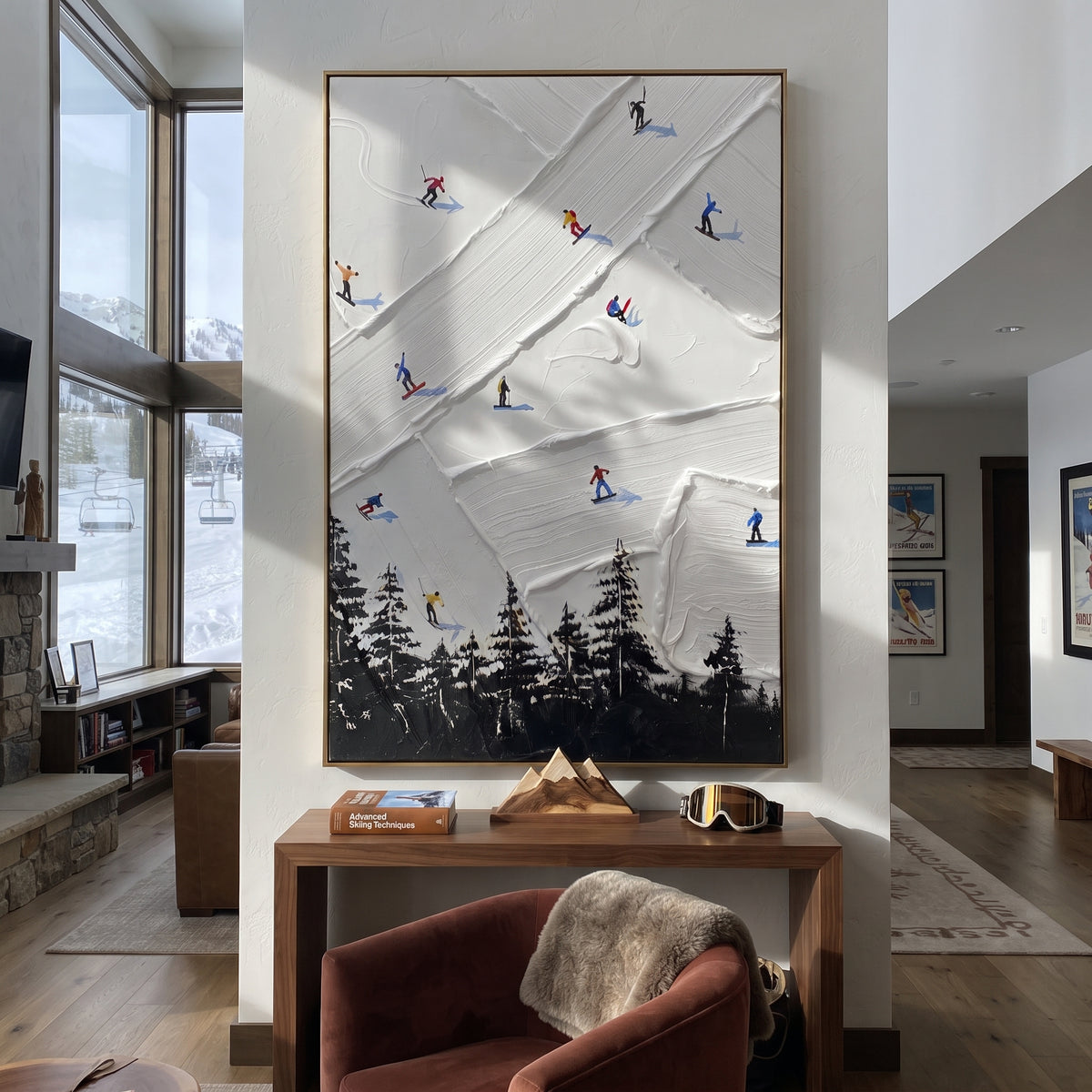 Ice Ski Tracks focuses on a forest-framed ski descent with clustered pines and winding carved tracks. The artwork shows a winter ski scene built from the actual image: visible downhill figures, curved snow tracks, raised ridgelines, and alpine space arranged in a tall composition. The white, green, blue palette gives the piece a cold mountain atmosphere while the thick impasto surface creates shadows along each snowbank, ski line, and textured ridge. This is presented as hand-painted textured