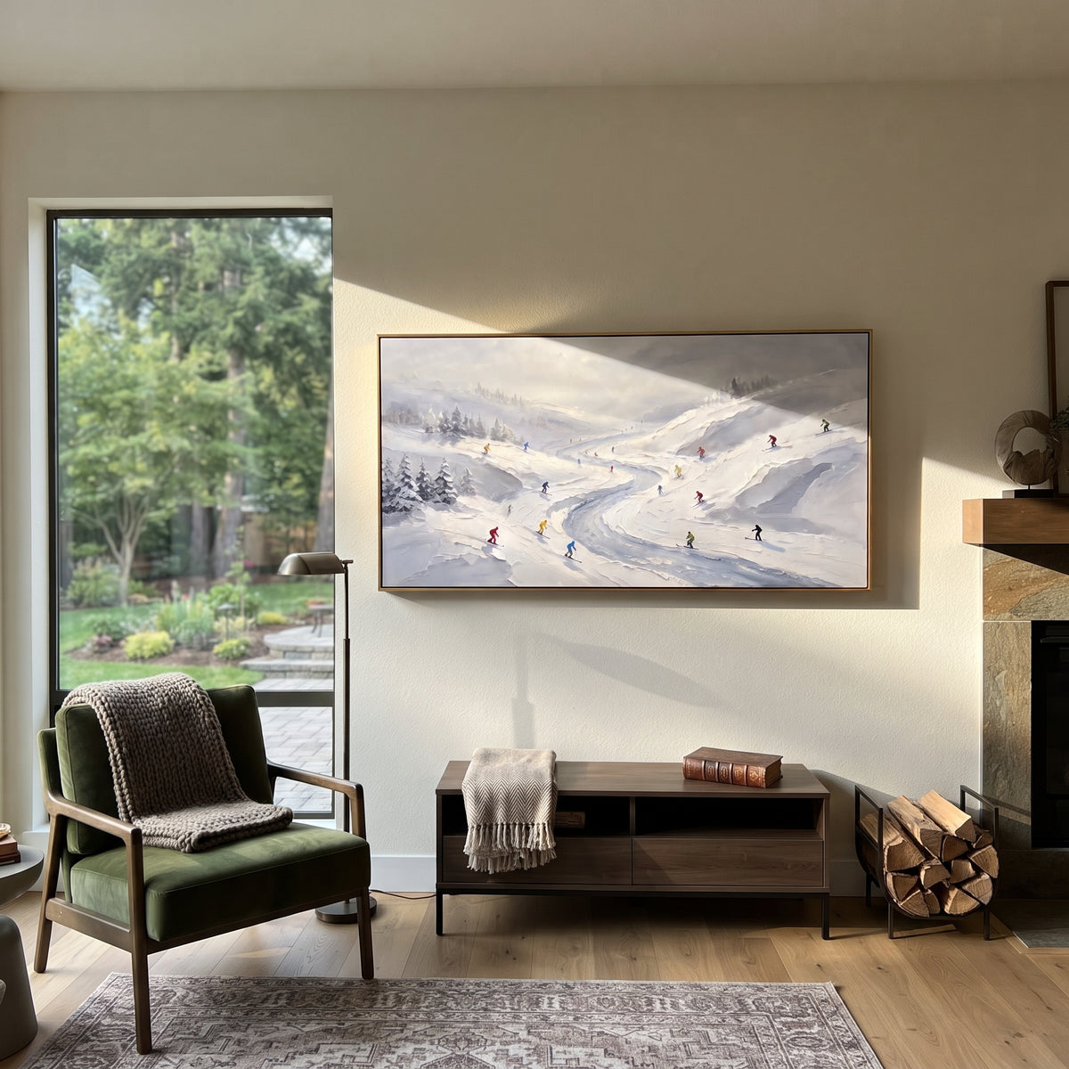 Resort Mountain Run With Pine Shadows focuses on a calm mountain basin with crisp tracks, snow shelves, and small skiers. The artwork shows a winter ski scene built from the actual image: visible downhill figures, curved snow tracks, raised ridgelines, and alpine space arranged in a wide composition. The white, black, gray palette gives the piece a cold mountain atmosphere while the thick impasto surface creates shadows along each snowbank, ski line, and textured ridge. This is presented as