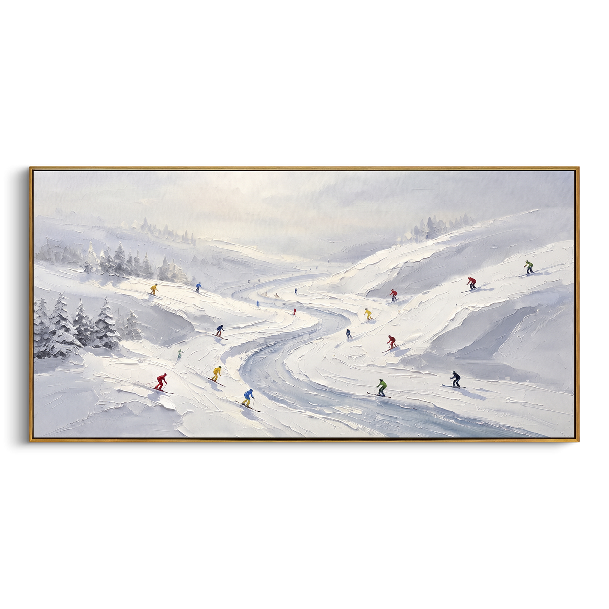 Resort Mountain Run With Pine Shadows focuses on a calm mountain basin with crisp tracks, snow shelves, and small skiers. The artwork shows a winter ski scene built from the actual image: visible downhill figures, curved snow tracks, raised ridgelines, and alpine space arranged in a wide composition. The white, black, gray palette gives the piece a cold mountain atmosphere while the thick impasto surface creates shadows along each snowbank, ski line, and textured ridge. This is presented as