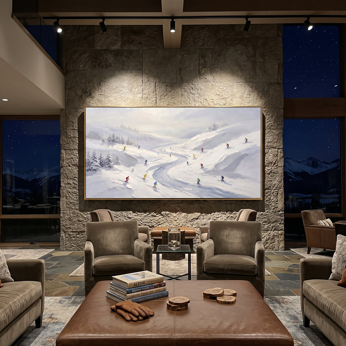 Resort Mountain Run With Pine Shadows focuses on a calm mountain basin with crisp tracks, snow shelves, and small skiers. The artwork shows a winter ski scene built from the actual image: visible downhill figures, curved snow tracks, raised ridgelines, and alpine space arranged in a wide composition. The white, black, gray palette gives the piece a cold mountain atmosphere while the thick impasto surface creates shadows along each snowbank, ski line, and textured ridge. This is presented as