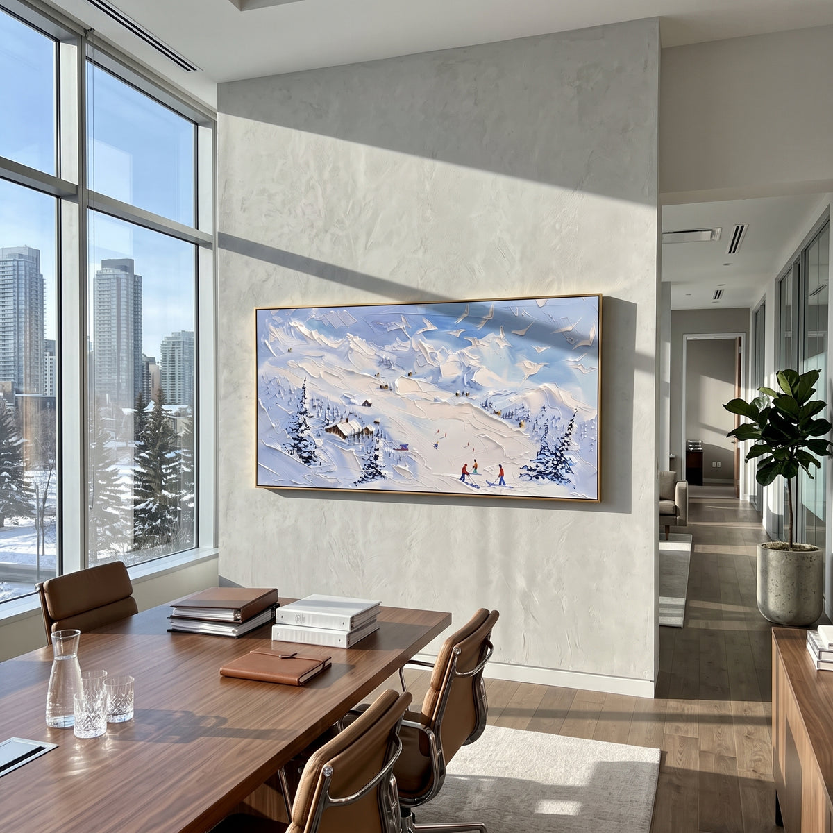 Blue Cliff Ski Lodge focuses on tiny skiers and a small lodge set beneath a raised blue cliff and snowy pines. The artwork shows a winter ski scene built from the actual image: visible downhill figures, curved snow tracks, raised ridgelines, and alpine space arranged in a wide composition. The blue, white, beige palette gives the piece a cold mountain atmosphere while the thick impasto surface creates shadows along each snowbank, ski line, and textured ridge. This is presented as hand-painted