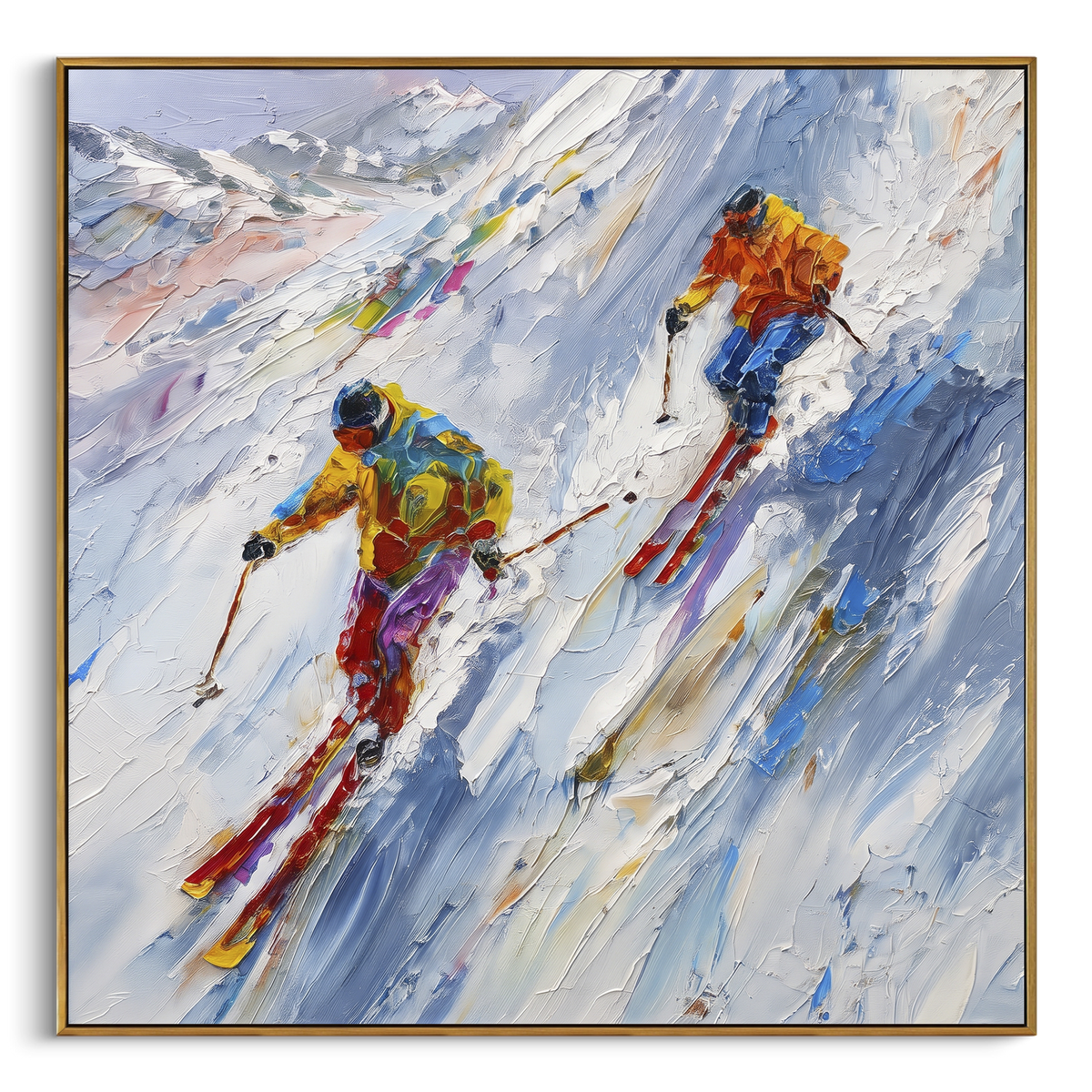 Forest Ski Run focuses on layered snow ridges, visible ski marks, and a quiet pine border. The artwork shows a winter ski scene built from the actual image: visible downhill figures, curved snow tracks, raised ridgelines, and alpine space arranged in a balanced composition. The blue, white, orange palette gives the piece a cold mountain atmosphere while the thick impasto surface creates shadows along each snowbank, ski line, and textured ridge. This is presented as hand-painted textured canvas