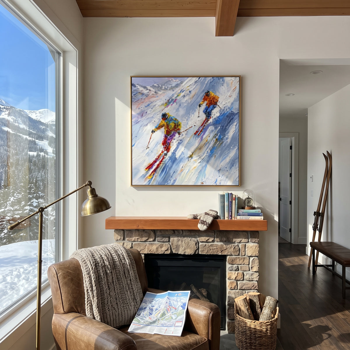 Forest Ski Run focuses on layered snow ridges, visible ski marks, and a quiet pine border. The artwork shows a winter ski scene built from the actual image: visible downhill figures, curved snow tracks, raised ridgelines, and alpine space arranged in a balanced composition. The blue, white, orange palette gives the piece a cold mountain atmosphere while the thick impasto surface creates shadows along each snowbank, ski line, and textured ridge. This is presented as hand-painted textured canvas