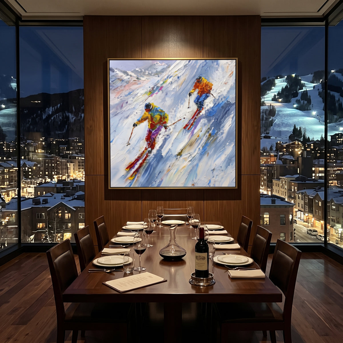Forest Ski Run focuses on layered snow ridges, visible ski marks, and a quiet pine border. The artwork shows a winter ski scene built from the actual image: visible downhill figures, curved snow tracks, raised ridgelines, and alpine space arranged in a balanced composition. The blue, white, orange palette gives the piece a cold mountain atmosphere while the thick impasto surface creates shadows along each snowbank, ski line, and textured ridge. This is presented as hand-painted textured canvas
