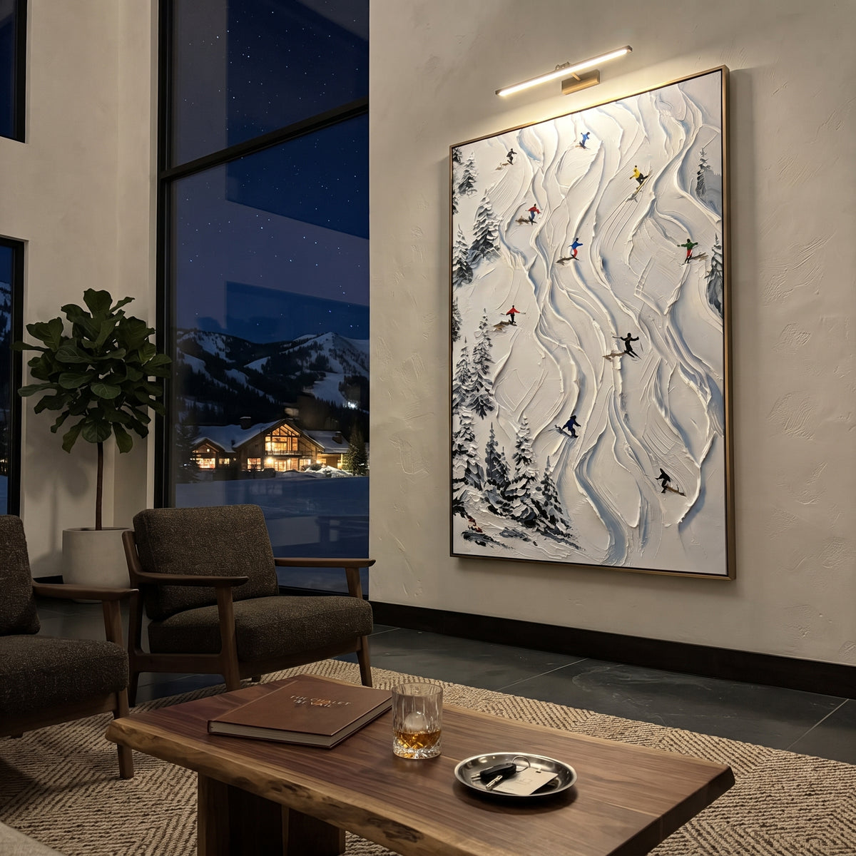 Alpine Pine Slope focuses on distant peaks, white powder banks, and raised palette-knife terrain. The artwork shows a winter ski scene built from the actual image: visible downhill figures, curved snow tracks, raised ridgelines, and alpine space arranged in a tall composition. The blue, white, orange palette gives the piece a cold mountain atmosphere while the thick impasto surface creates shadows along each snowbank, ski line, and textured ridge. This is presented as hand-painted textured