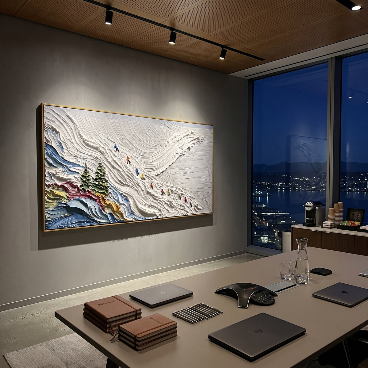Powder Ski Valley With Pine Shadows focuses on a calm mountain basin with crisp tracks, snow shelves, and small skiers. The artwork shows a winter ski scene built from the actual image: visible downhill figures, curved snow tracks, raised ridgelines, and alpine space arranged in a wide composition. The white, gray, blue palette gives the piece a cold mountain atmosphere while the thick impasto surface creates shadows along each snowbank, ski line, and textured ridge. This is presented as