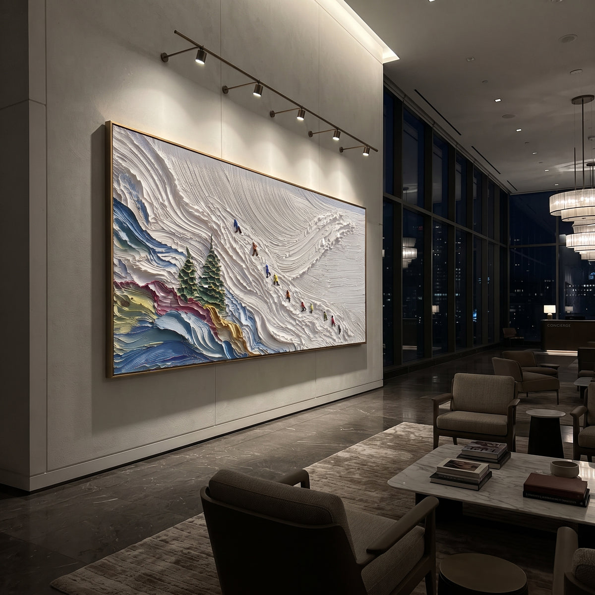 Powder Ski Valley With Pine Shadows focuses on a calm mountain basin with crisp tracks, snow shelves, and small skiers. The artwork shows a winter ski scene built from the actual image: visible downhill figures, curved snow tracks, raised ridgelines, and alpine space arranged in a wide composition. The white, gray, blue palette gives the piece a cold mountain atmosphere while the thick impasto surface creates shadows along each snowbank, ski line, and textured ridge. This is presented as