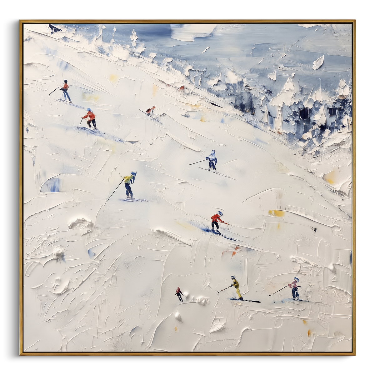Frosted Pine Slope focuses on layered snow ridges, visible ski marks, and a quiet pine border. The artwork shows a winter ski scene built from the actual image: visible downhill figures, curved snow tracks, raised ridgelines, and alpine space arranged in a balanced composition. The white, black, gray palette gives the piece a cold mountain atmosphere while the thick impasto surface creates shadows along each snowbank, ski line, and textured ridge. This is presented as hand-painted textured