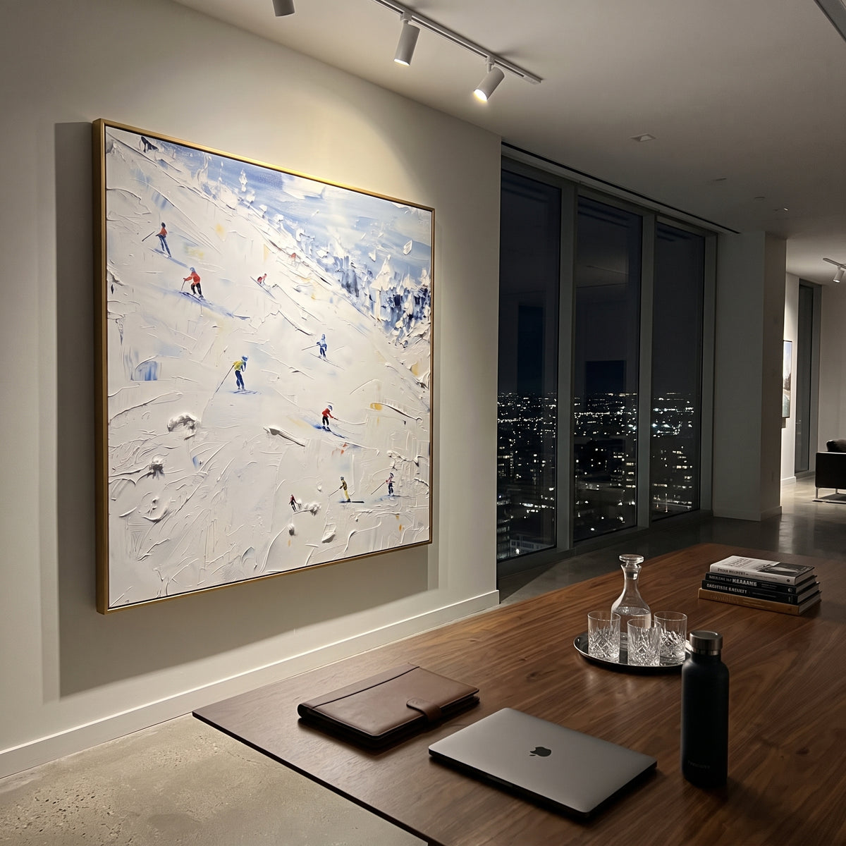 Frosted Pine Slope focuses on layered snow ridges, visible ski marks, and a quiet pine border. The artwork shows a winter ski scene built from the actual image: visible downhill figures, curved snow tracks, raised ridgelines, and alpine space arranged in a balanced composition. The white, black, gray palette gives the piece a cold mountain atmosphere while the thick impasto surface creates shadows along each snowbank, ski line, and textured ridge. This is presented as hand-painted textured