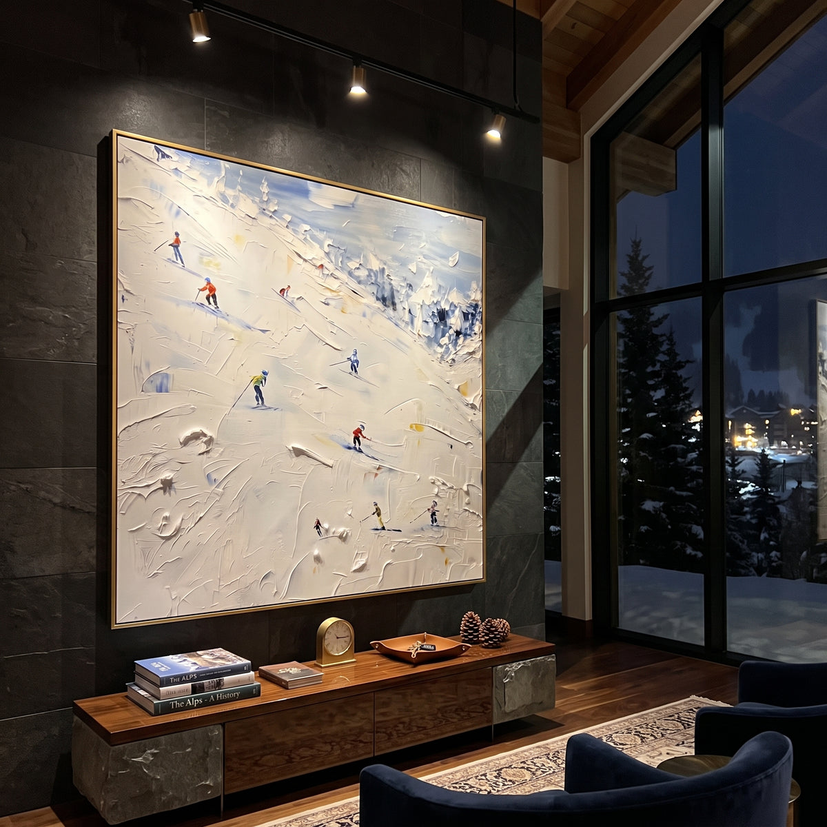 Frosted Pine Slope focuses on layered snow ridges, visible ski marks, and a quiet pine border. The artwork shows a winter ski scene built from the actual image: visible downhill figures, curved snow tracks, raised ridgelines, and alpine space arranged in a balanced composition. The white, black, gray palette gives the piece a cold mountain atmosphere while the thick impasto surface creates shadows along each snowbank, ski line, and textured ridge. This is presented as hand-painted textured