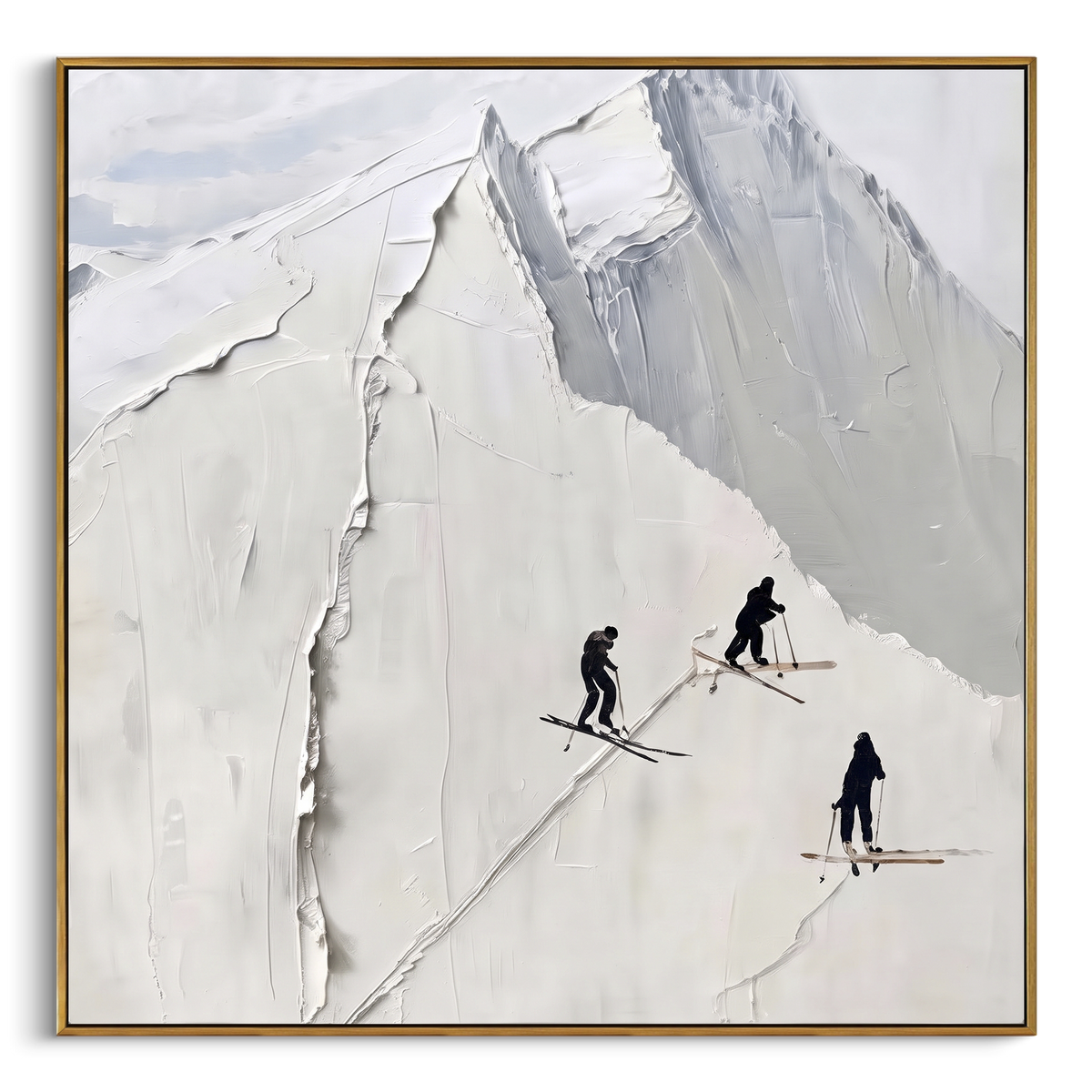 White Peak Three Skiers focuses on three dark skiers passing below a sharp raised white mountain face. The artwork shows a winter ski scene built from the actual image: visible downhill figures, curved snow tracks, raised ridgelines, and alpine space arranged in a balanced composition. The white, gray, black palette gives the piece a cold mountain atmosphere while the thick impasto surface creates shadows along each snowbank, ski line, and textured ridge. This is presented as hand-painted